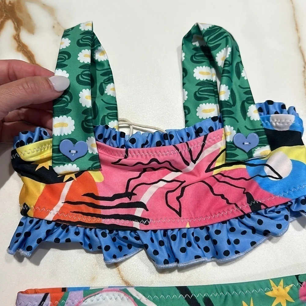 Agua Bendita Girls Multicolor Floral Ruffle Bikini - Pink, Green, Blue, Yellow